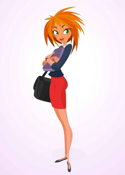 Business woman with a folder for papers vector illustration. Red hair lovely girl cartoon in red dress and blue shirt holding bag. Lady boss cartoon — Stock Vector