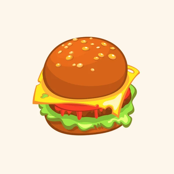 Cartoon Cheeseburger. Vector tekening van hamburger met kaas, tomaten, hakken, sla, ui, komkommer in platte cartoon stijl. Illustratie voor ontwerp fastfood menu. Hamburger geïsoleerd pictogrammen. Hamburger illustratie. — Stockvector