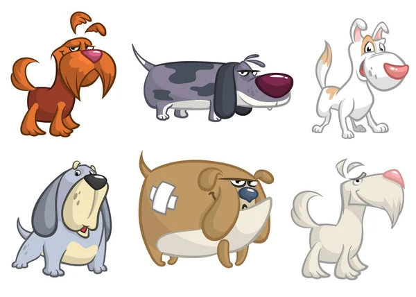 Rajzfilm kutyák készlet. Vektor illusztrációk kutyák ikonok. Vizsla, tacskó, terrier, pitbull, spániel, bulldog, basset hound, afgán agár — Stock Vector