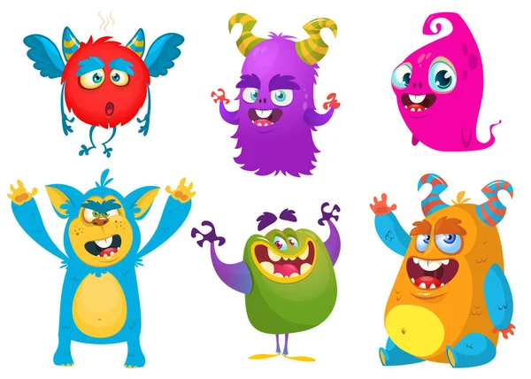 Cartoon Monsters. Vector set van cartoon monsters geïsoleerd. Ontwerp voor bedrukking, feestdecoratie, t-shirt, illustratie, logo, embleem of sticker — Stockvector