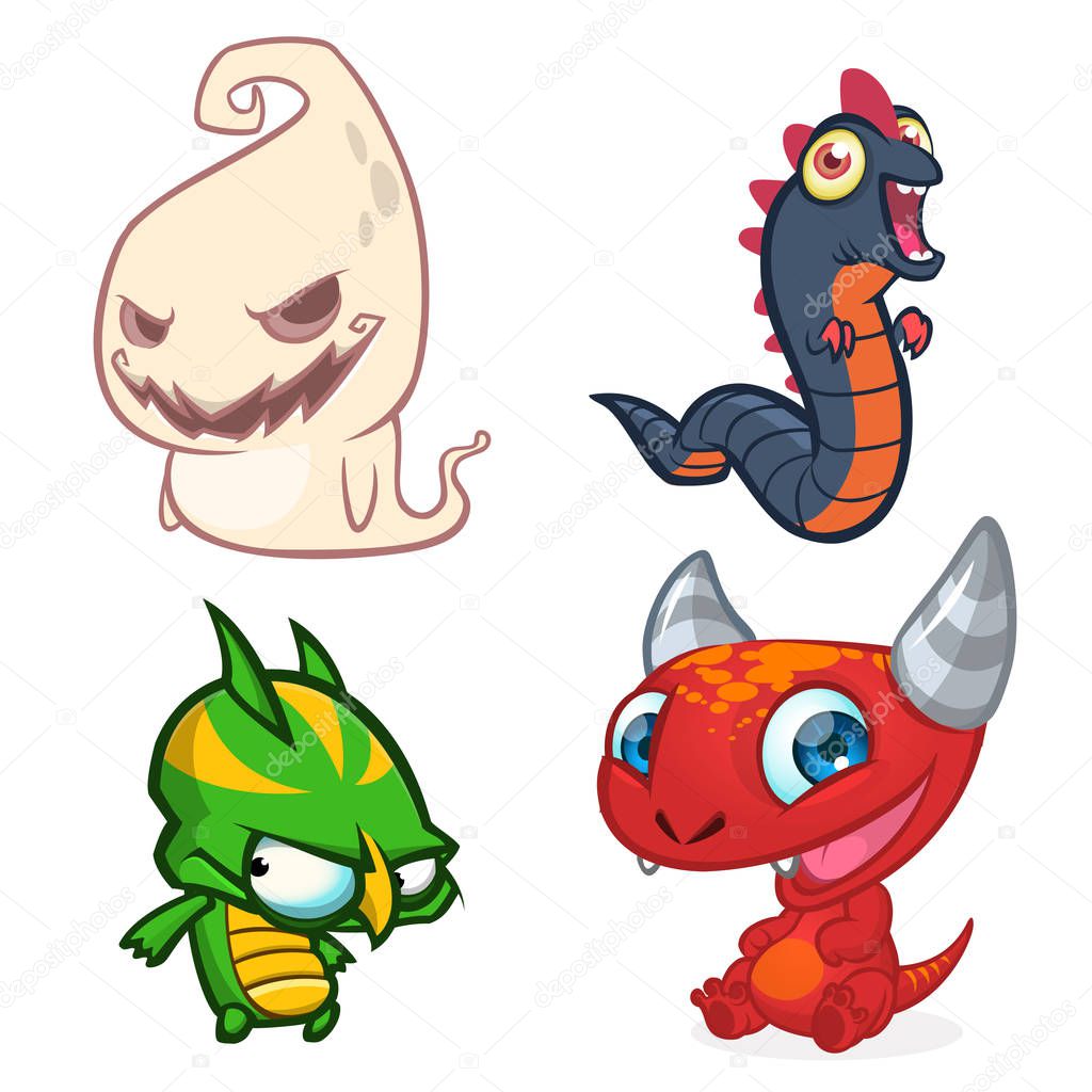 Cartoon Monsters. Vector set of cartoon monsters isolated. Design for print, party decoration, t-shirt, illustration, logo, emblem or sticker