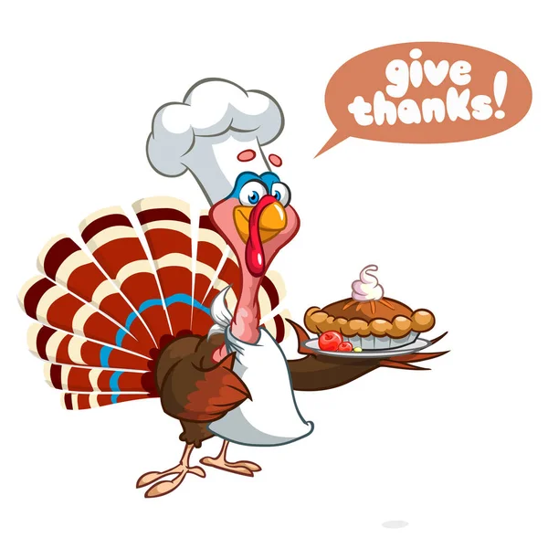 感謝祭面白い漫画トルコ料理長カボチャのパイを提供します。分離されたベクター漫画ストローク — ストックベクタ