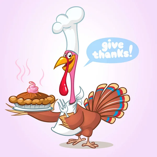 Ημέρα των Ευχαριστιών αστείο καρτούν ο μάγειρας Τουρκία εξυπηρετούν κολοκυθόπιτα και κρατώντας ένα πιρούνι. Διάνυσμα κινουμένων σχεδίων απομονωμένες — Διανυσματικό Αρχείο
