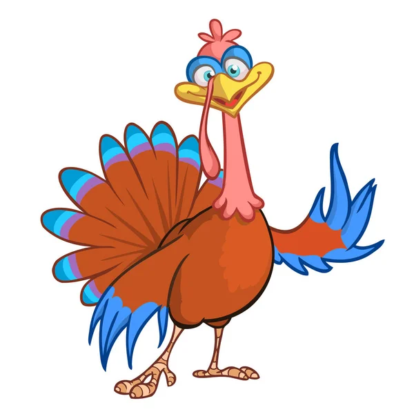 Apontando para a Turquia Desenhos animados Um peru de desenho animado aponta para a sua mensagem. Vetor EPS 8 sem formas abertas, traços ou transparências . — Vetor de Stock