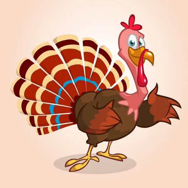 Tecknad bild av en glad söt thanksgiving Turkiet karaktär pekar en vinge på meddelandet. Vektorillustration isolerade — Stock vektor