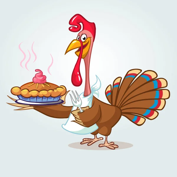 Thanksgiving grappige cartoon Turkije cook dienen pompoenpastei en houden van een vork. Vector cartoon geïsoleerd met contour — Stockvector