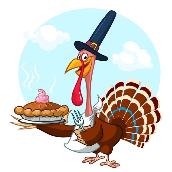 Thanksgiving Cartoon Turquie tenant fourchette et tarte isolées. Illustration vectorielle de drôle de dinde portant un chapeau de pèlerin — Image vectorielle