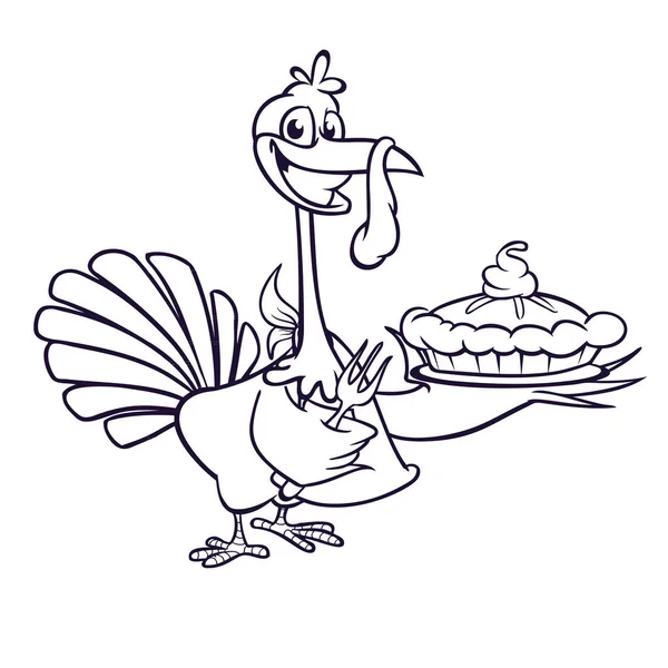 Díkůvzdání Cartoon Turecko drží vidličku a koláč, samostatný. Vektorové ilustrace legrační Turecka poutník klobouk pro omalovánky — Stockový vektor