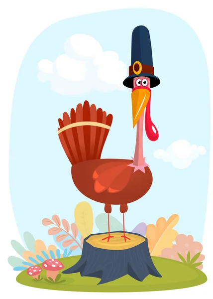 Dibujos animados ilustración de un pavo lindo feliz con un sombrero de peregrino y de pie sobre un muñón y colorido fondo de la naturaleza. Ilustración vectorial aislada . — Vector de stock