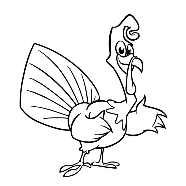 Esquema de dibujos animados graciosos de Acción de Gracias. Vector pavo de dibujos animados para colorear libro. Contorno blanco y negro — Vector de stock