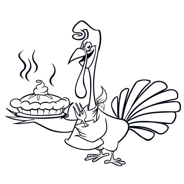Danksagung lustige Cartoon Truthahn Chefkoch serviert Kürbiskuchen Umrisse Striche. Vektor Cartoon Truthahn für Malbuch. Schwarz-weiße Kontur — Stockvektor