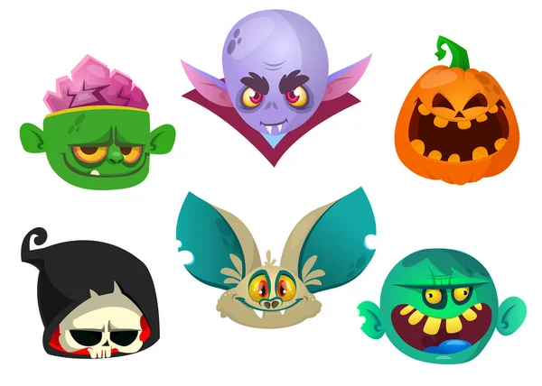 Set de iconos de personajes de Halloween. Cabezas de dibujos animados de parca, murciélago, calabaza Jack o lntern, zombi, vampiro. Vector aislado — Vector de stock