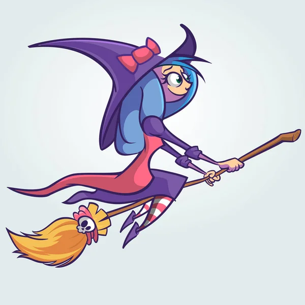 Cadılar Bayramı sevimli cadı onu süpürge üzerinde uçan. Vektör karikatür çizim — Stok Vektör