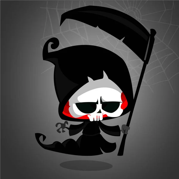 Grim reaper stripfiguur met zeis geïsoleerd op een witte achtergrond. Schattig dood karakter in zwarte kap — Stockvector