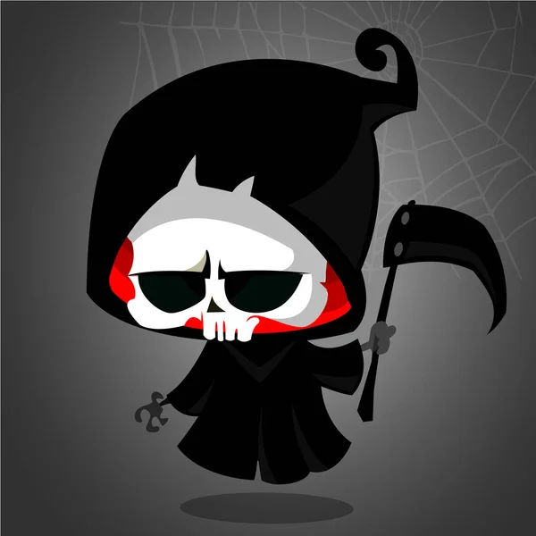 Personaje de dibujos animados Grim Reaper con guadaña aislada sobre un fondo blanco. Lindo personaje de la muerte en capucha negra — Archivo Imágenes Vectoriales