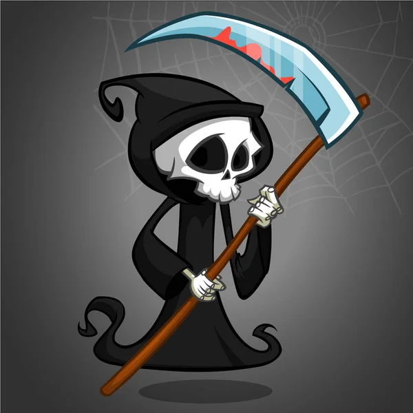 Schattige cartoon grim reaper met zeis geïsoleerd op wit. Vectorillustratie — Stockvector