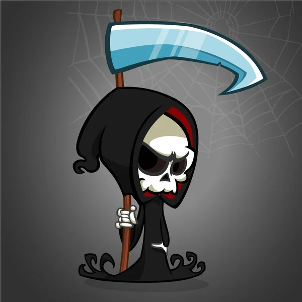 Schattige cartoon grim reaper met zeis geïsoleerd op wit. Vectorillustratie — Stockvector
