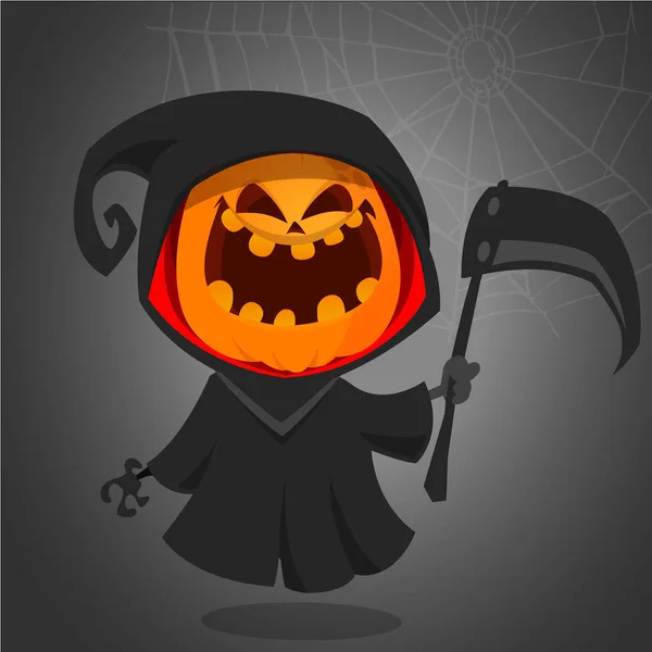Halloween Smrtka s dýňová hlava. Vektor znak jack-o lucernou maskot — Stockový vektor