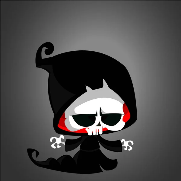 Ilustración vectorial de la mascota monstruo de Halloween de la muerte de dibujos animados aislada sobre fondo oscuro. Linda parca de dibujos animados — Vector de stock
