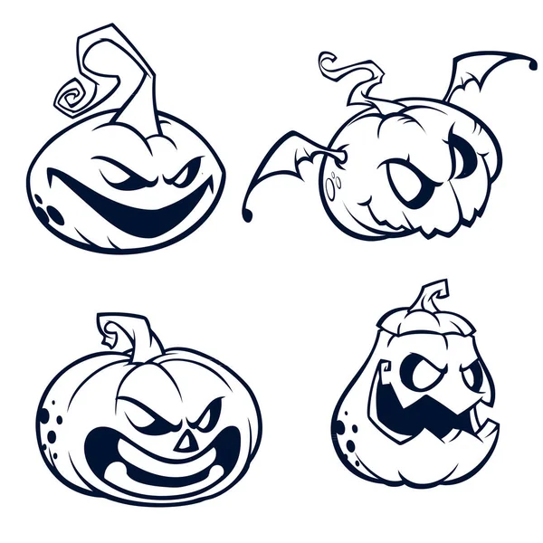 Halloween pompoenen gebogen met jack o lantern gezicht. Vectorillustratie cartoon. Lijnen en contouren — Stockvector