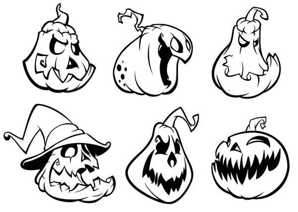 Citrouilles Halloween courbé avec jack o lanterne visage. Illustration vectorielle de dessin animé. AVC et contours — Image vectorielle