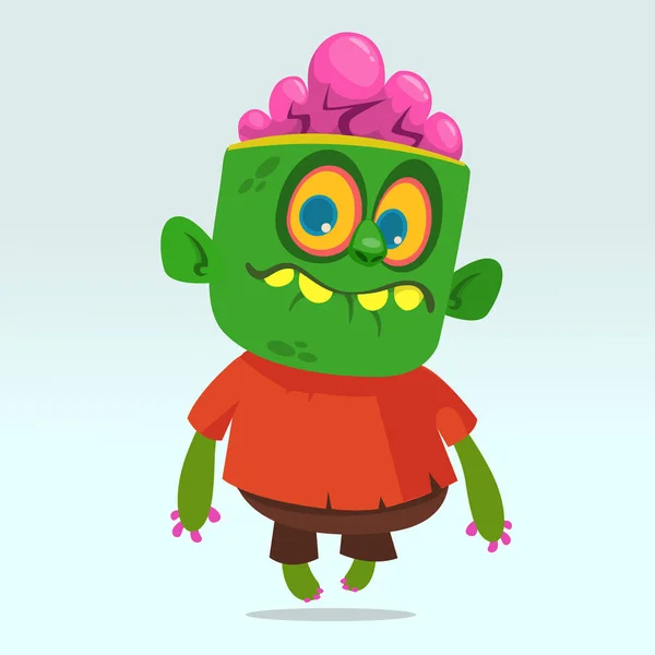 Vektor-Cartoon-Bild eines lustigen grünen Zombie mit großem Kopf in brauner Hose und rotem T-Shirt, der nach rechts geht und auf hellgrauem Hintergrund lächelt. Halloween. Vektorillustration. — Stockvektor