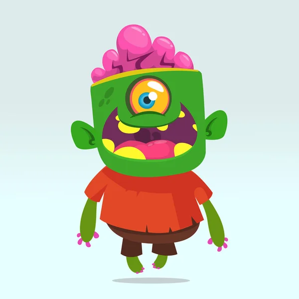 Vektor tecknad bild av en rolig grön zombie med stort huvud i bruna byxor och röd t-shirt promenader till höger och leende på en grå bakgrund. Halloween. Vektorillustration. — Stock vektor