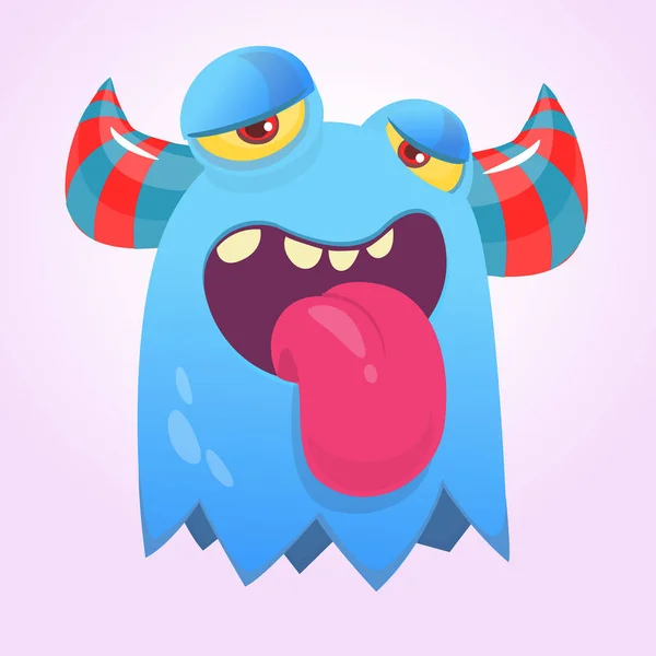 Cute szczęśliwy potwór kreskówki z rogami. Uśmiechnięty potwór z wielką gębą. Ilustracja wektor Halloween — Wektor stockowy
