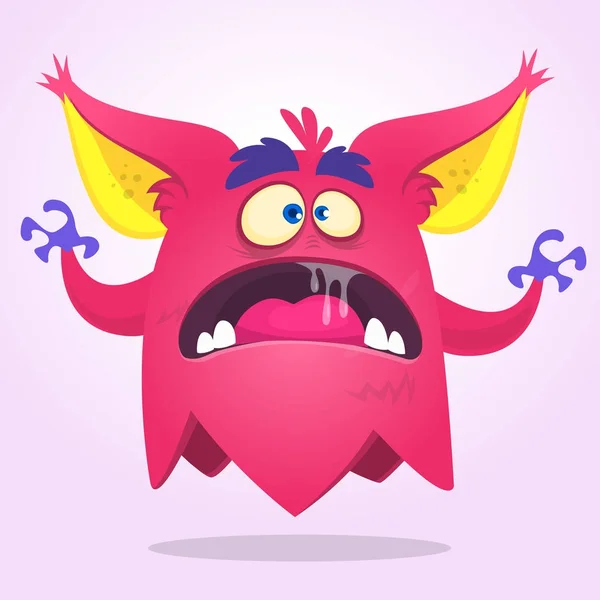 Arrabbiato cartone animato mostro rosa con grandi orecchie. Illustrazione vettoriale — Vettoriale Stock