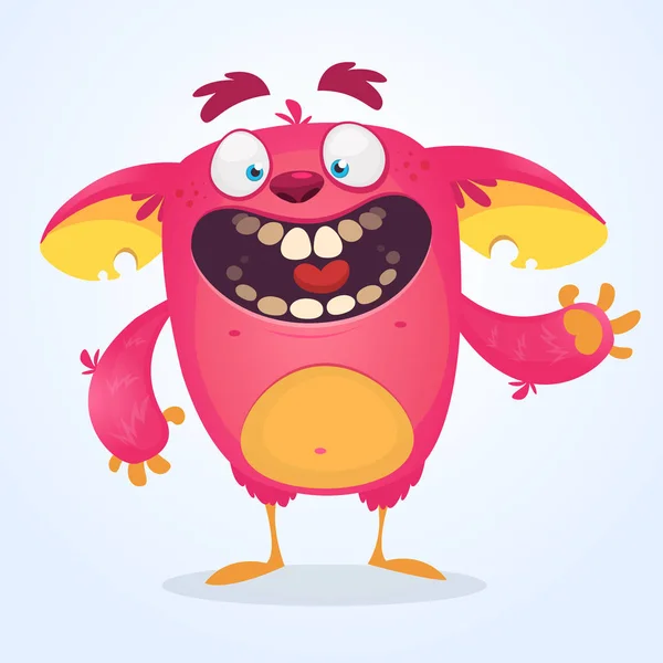 Veselé růžové kreslené monstrum mává. Vektorový troll nebo skřítek. Halloween design — Stockový vektor