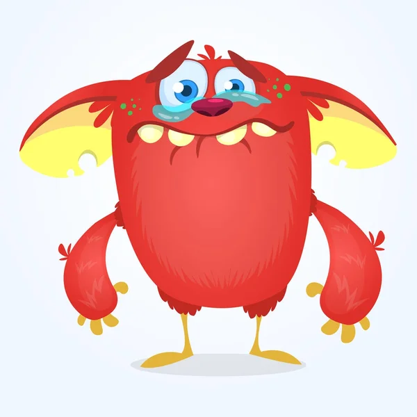 Plakat roztomilé monstrum kreslené. Červený rozkošný malý monstrum troll, skřítek nebo skřet pláče slzami. Vektorová ilustrace pro Halloween — Stockový vektor