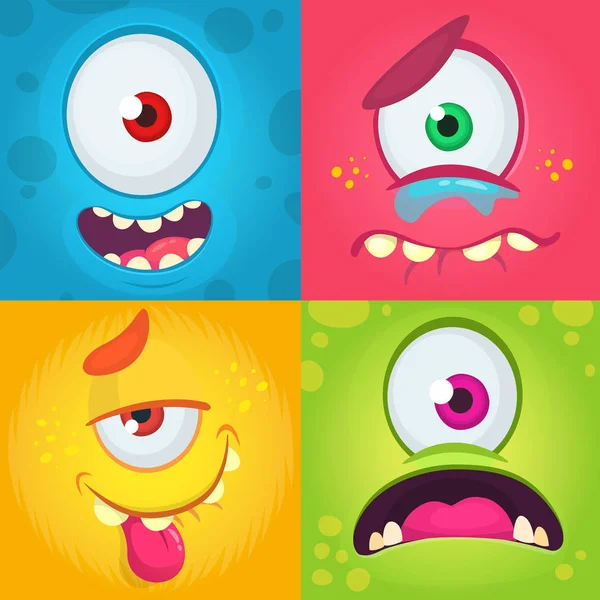 Caras de monstruo de dibujos animados. Conjunto vectorial de cuatro caras de monstruo de Halloween con diferentes expresiones. Ilustración de monstruos tuertos — Vector de stock