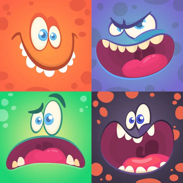 Cartoon monster gezichten ingesteld. Vector set van vier Halloween monster gezichten met verschillende uitdrukkingen. Kinderen boek illustraties of feest decoraties — Stockvector