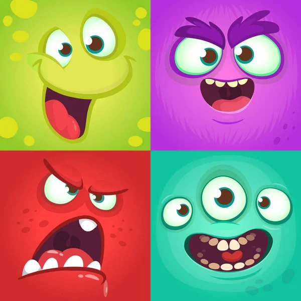 Zeichentrick-Monster Gesichter gesetzt. Vektor-Set von vier Halloween-Monstergesichtern mit unterschiedlichen Ausdrücken. Kinderbuch-Illustrationen oder Party-Dekoration — Stockvektor