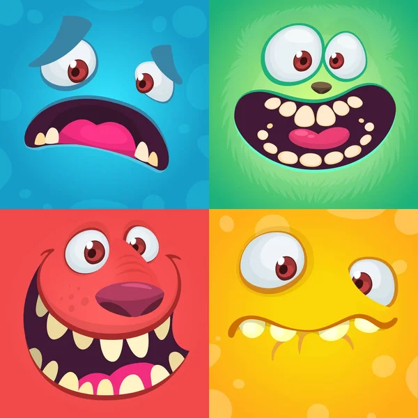 Caras de monstruo de dibujos animados. Conjunto vectorial de cuatro caras de monstruo de Halloween con diferentes expresiones. Ilustraciones de libros infantiles o decoraciones de fiestas — Vector de stock