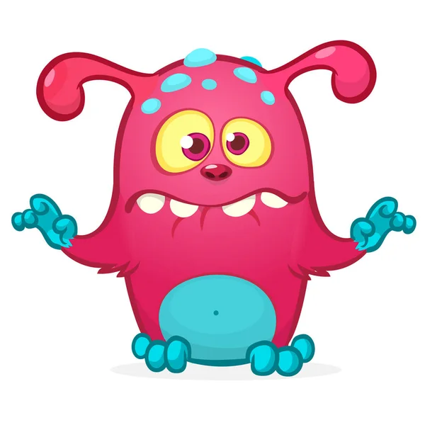 Gelukkig cool cartoon vet monster. Roze en gehoornde vector monster mascotte geschetst — Stockvector