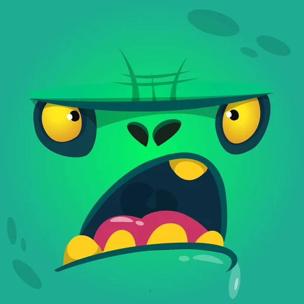 Cara de dibujos animados enojado y divertido zombie. Vector zombi monstruo cuadrado avatar — Vector de stock