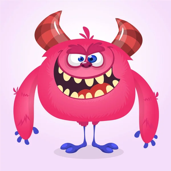 Feliz monstruo gordo de dibujos animados fresco. Rosa y la mascota monstruo vector con cuernos — Vector de stock