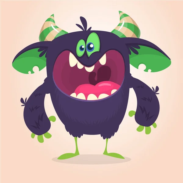 Wütendes schwarzes Monster im Zeichentrickfilm kreischt. schreit wütende Monster Gesichtsausdruck. große Sammlung niedlicher Monster. Halloween-Charakter. Vektorillustrationen. — Stockvektor