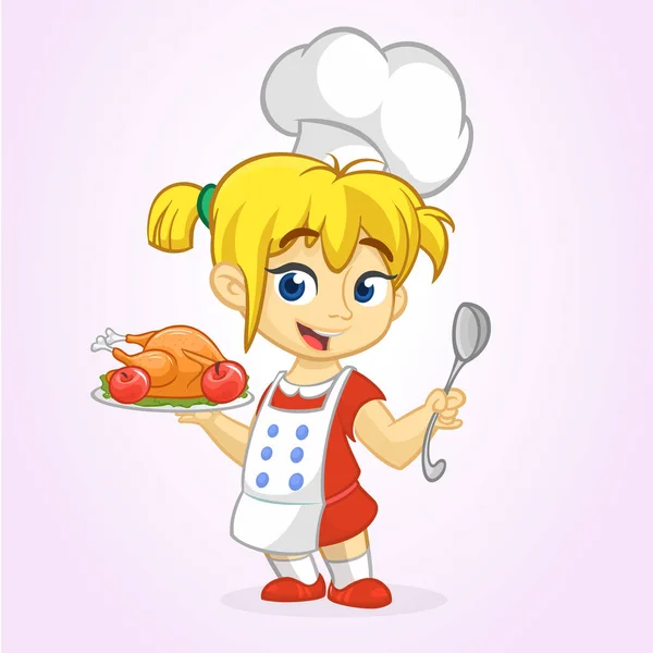 Cartoon schattig klein blond meisje in schort en chef's hat geroosterde thanksgiving Turkije schaal holding een lade en lepel. Vectorillustratie geïsoleerd. Thanksgiving ontwerp — Stockvector