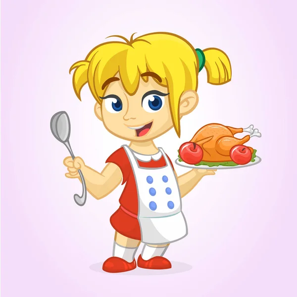 Cartoon söt liten blond flicka i förkläde rostad thanksgiving Turkiet serveringsfat håller en bricka och sked. Vektorillustration isolerade. Thanksgiving design — Stock vektor