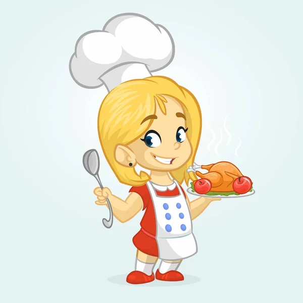 Cartoon söt liten blond flicka i förkläde och kockens hatt rostad thanksgiving Turkiet serveringsfat håller en bricka och sked. Vektorillustration isolerade. Thanksgiving design — Stock vektor