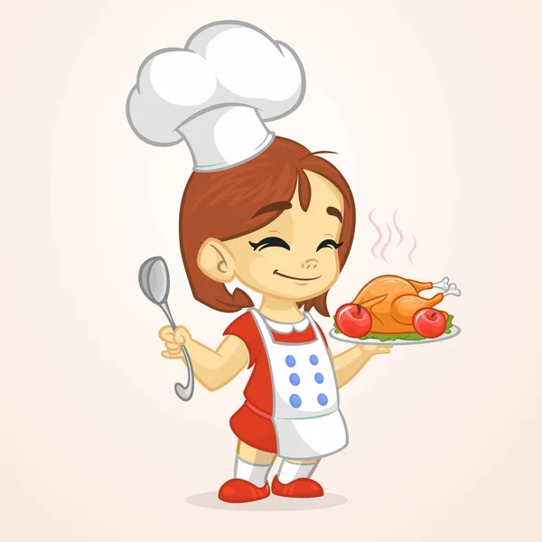 Cartoon söt liten flicka i förkläde rostad thanksgiving Turkiet serveringsfat håller en bricka och sked. Vektorillustration isolerade. Thanksgiving design — Stock vektor