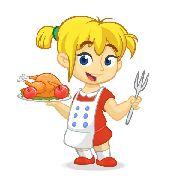 Cartoon söt liten blond flicka i förkläde rostad thanksgiving Turkiet serveringsfat håller en bricka och gaffel. Vektorillustration isolerade. Thanksgiving design — Stock vektor