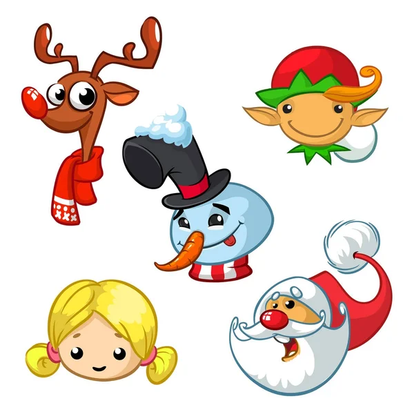 Conjunto de personajes de dibujos animados de Navidad. Vector iconos cabeza de dibujos animados de Santa Claus, renos, elfo, muñeco de nieve y ángel — Vector de stock