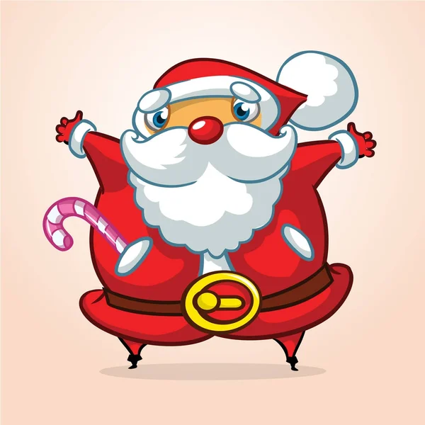 Desenhos animados engraçados Papai Noel personagem acenando as mãos isolado fundo branco. Ilustração de Natal vetorial. Design para impressão, livro infantil, cartão de felicitações ou convite —  Vetores de Stock