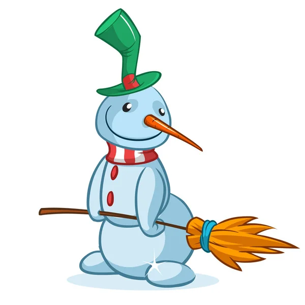 Divertente pupazzo di neve dei cartoni animati che indossa cappello e scopa. Natale pupazzo di neve personaggio illustrazione delineato e isolato — Vettoriale Stock
