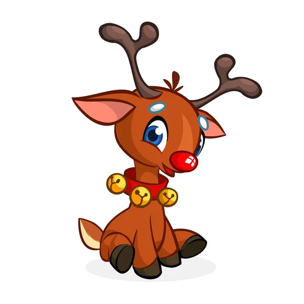 Divertido personaje de reno de nariz roja de dibujos animados con conchas oh su cuello y sentado ilustración vector de Navidad — Vector de stock
