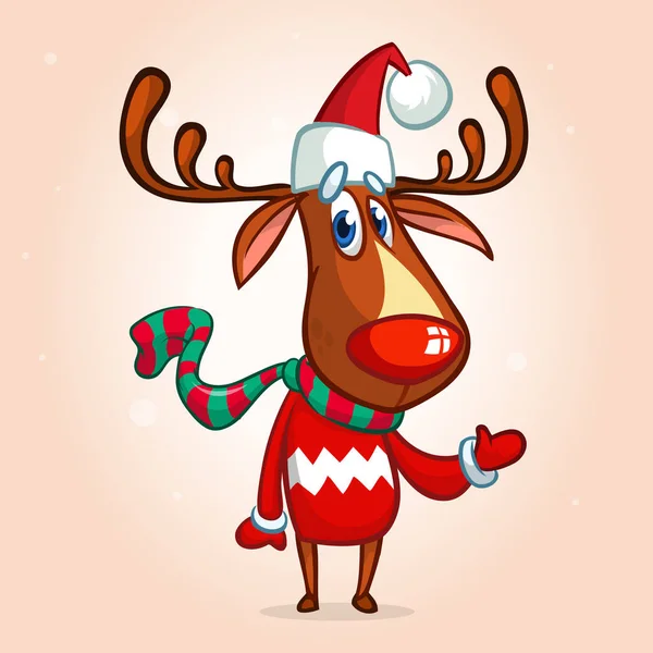 Renifer Boże Narodzenie Santa Claus kapelusz i szalik w paski wskazując ręką. Wektor ilustracja na białym tle — Wektor stockowy