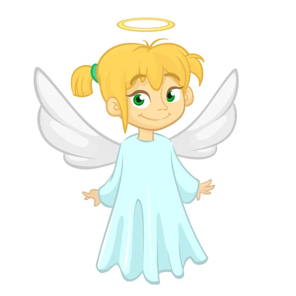 Aranyos boldog lány angyal rajzfilmfigura repülő fehér szárnyakkal. Vektor rajzfilm illusztráció elszigetelt — Stock Vector
